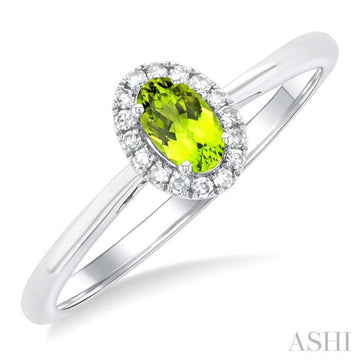 5x3 MM Oval Shape Peridot and 1/20 Ctw Single Cut Diamond Halo Semi-Precious Ring in 10K White Gold
